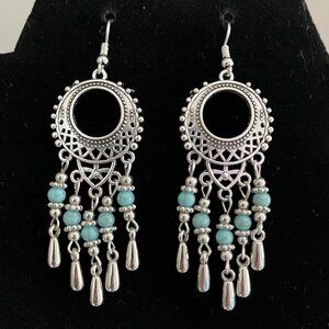 3/$17 Ethnic Inspired Silver and Faux Turquoise Dangle Pierced Earrings